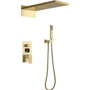 Brushed Gold Shower Temperature Display, Luxury Waterfall Rainfall Shower Head with Handheld Shower, Wall Mounted Shower Faucet Set, Rain Mixer Shower