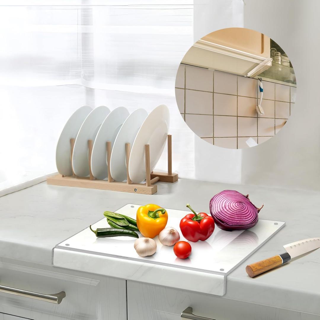 Acrylic Cutting Board with Counter Lip – Clear Cutting Board with Storage Hangers – Non-Slip Countertop Protector with Dual-Sided Tape – Textured Center for Extra Grip – Chopping Boards for Kitchen, 18"L x 14"W
