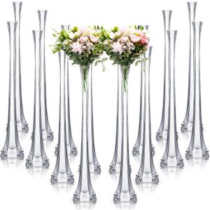 Inbagi 16 pcs Eiffel Tower Vase Bulk for Centerpieces 20 Inch Clear Tall Skinny Vases Long Glass Flower Stand Floral Container for Wedding Flower Arrangement Living Room Home Table Decorations