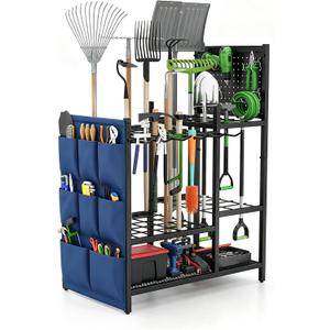 Garden Tool Organizer with Pegboard, Yard Tool Holder Standing for Garage Organization, Up to 30 Long-Handled/10 D-Handled Tools/Rake/Broom/Shovel/, with Side Storage Pocket
