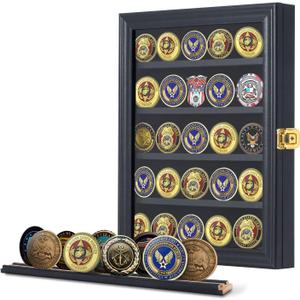 Jinchuan Military Challenge Coin Display Case Lockable Cabinet Rack Holder Shadow Box with Removable 2 Grooves Shelves and Anti Dust Door for Casino Poker Chips Collectibles, Small - Black