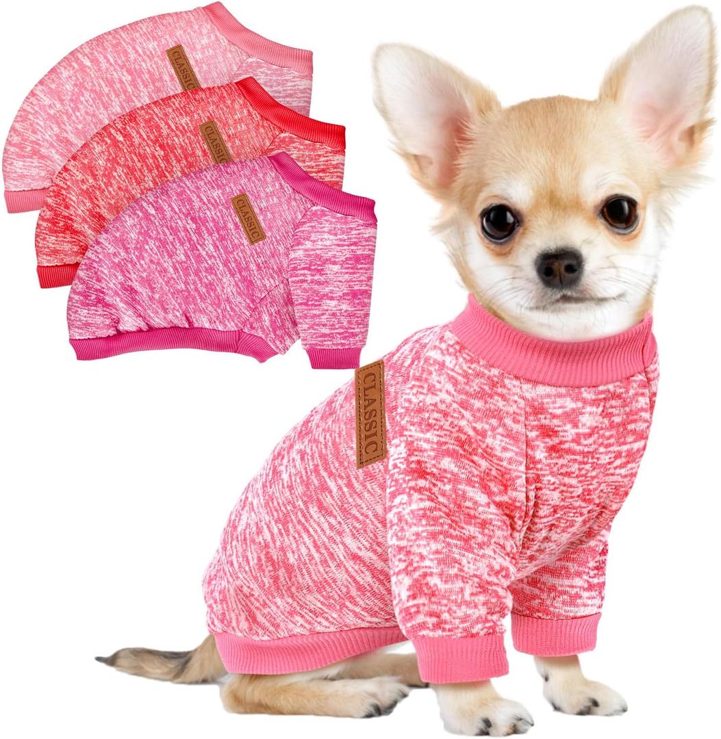 3 Pack Dog Sweaters for Small Dogs Girl Boy Winter Fleece Clothes Warm Soft Dog Sweatshirt Outfit for Dogs Cats Pet Apparel (Rose+Red+Pink, Small) (S (Back: 11.8", Chest: 15.7", 5.5-10 lbs))