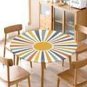 Boho Sun Round Fitted Tablecloth with Elastic Colorful Rainbow Stripe Circle Table Cloth for 40-44" Tables Summer Sunshine Retro Bohemian Wipeable Waterproof Table Cover for Farmhouse Picnic Party