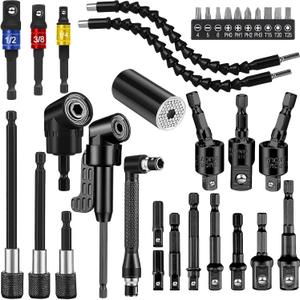 Flexible Drill Bit Extension Set, Include 1/2 3/8 1/4 inch Universal Socket Adapter & 105 Right Angle Drill 3pcs Drill Bit Holder & Universal Socket Grip & Screwdriver Bit Kit (32 Pcs Black)