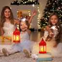 Glooglitter 2 Pack Christmas Lanterns with Warm White LED Lights 11 x 6 Inch Red Christmas Lantern Decor with Holly Berry Pine Hanging Xmas Candle Holder Indoor Outdoor Decorative Table Centerpieces