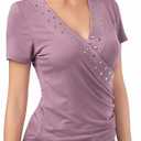 AmélieBoutik Women Deep V Neck Cross Wrap Top Slim Fitted Stud Trim Short Sleeve Blouse Top (S)