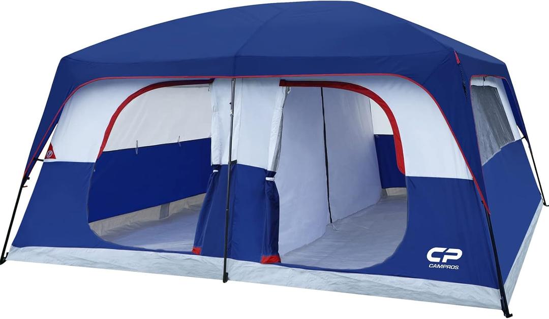 CAMPROS CP 12 Person Cabin Tent, 2 Room Extra Large Straight Wall Camping Tents Waterproof Windproof with Top Rainfly, 6 Large Mesh Windows, Double Layer, Easy Set Up Family Tent