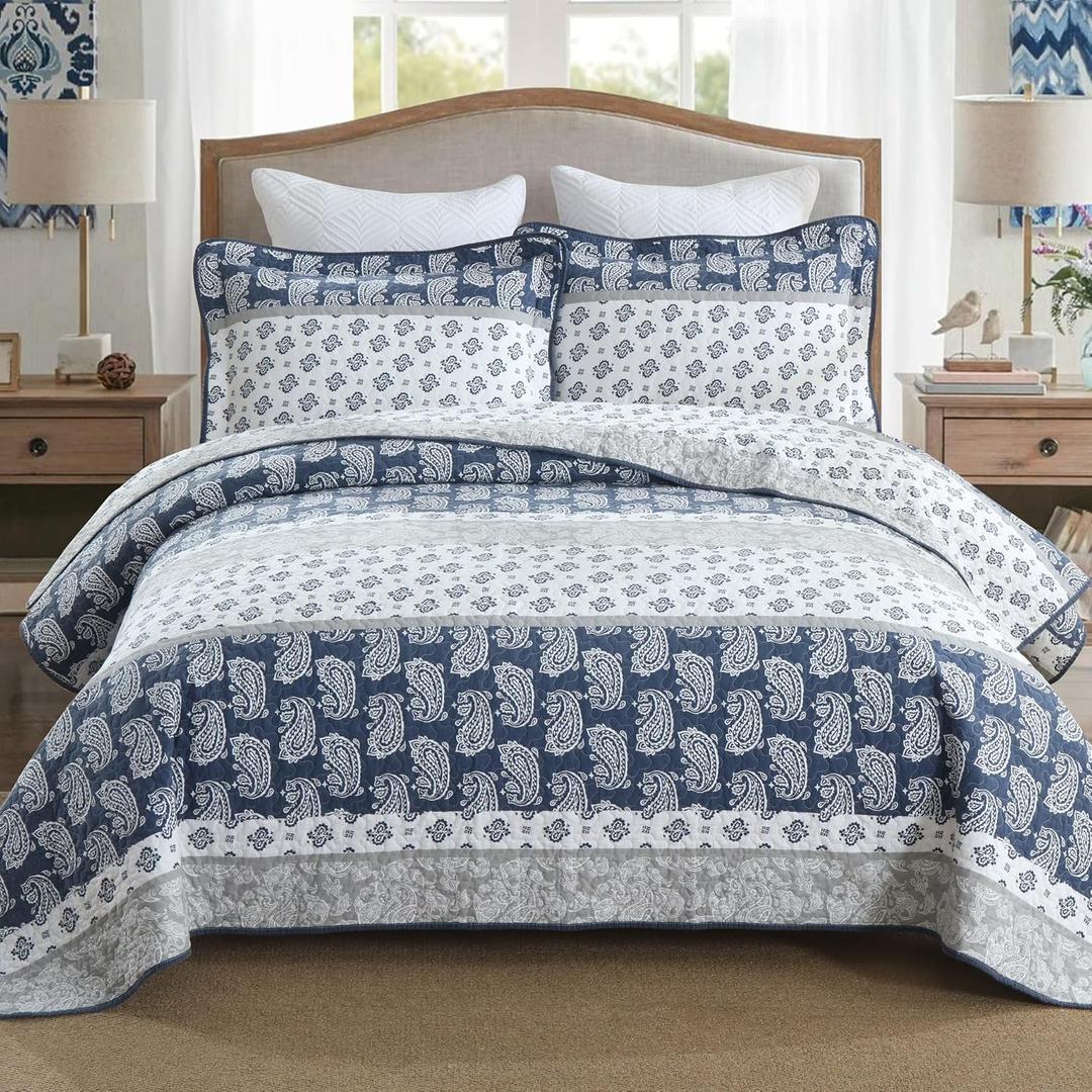 Quilt Bedding Set Queen Size, Cotton Comforters Set Queen Size,Navy Blue Grey Quilts Bedspread for The Bed, Farmhouse Lightweight Bedding (90 * 98 Inch) and 2 Pillow Shams All Season