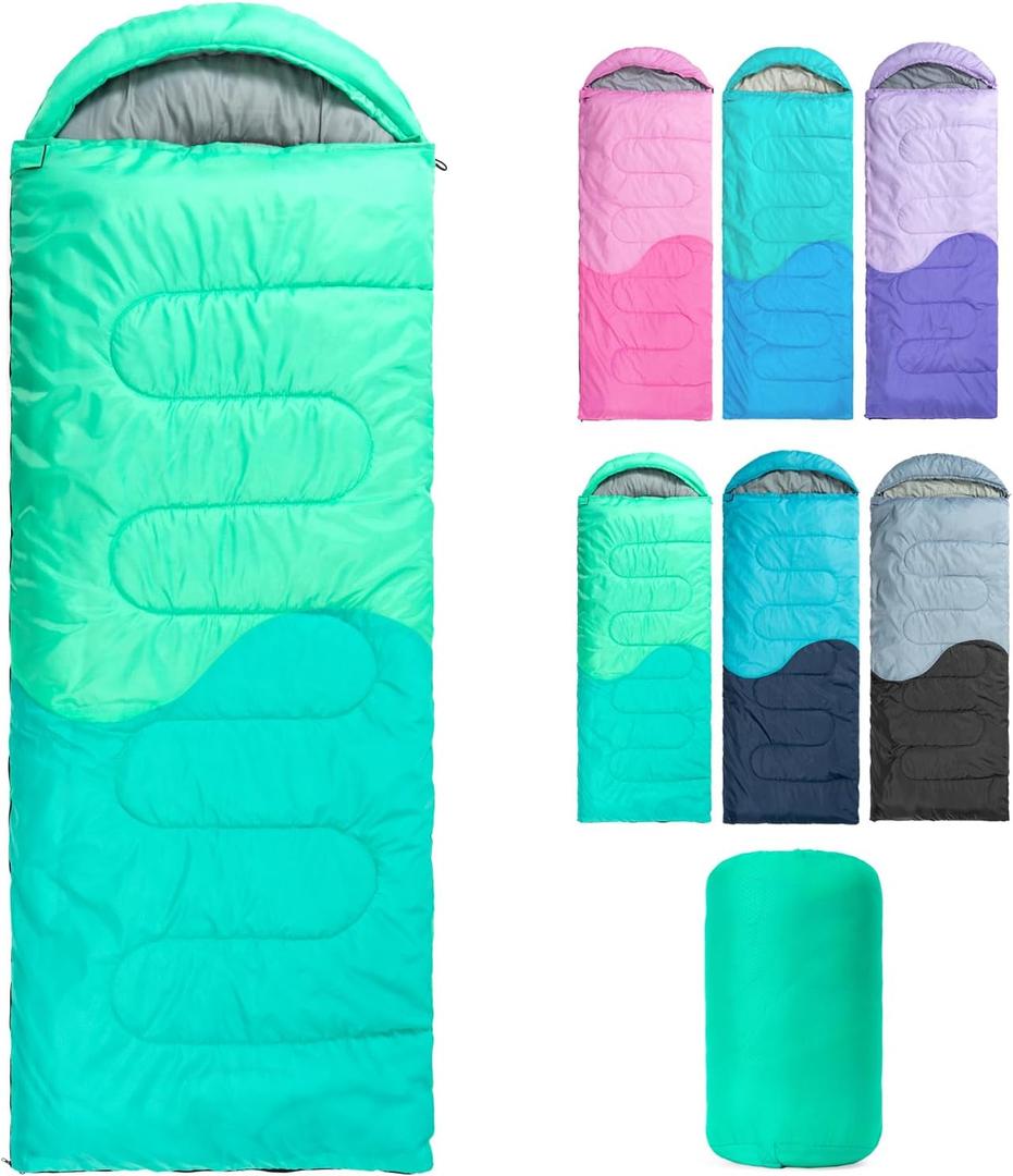 Sleeping Bag - 3 Seasons for Adults Kids Boys Girls Camping Hiking - Warm Cold Weather Lightweight Portable with Compression Bag for Backpacking in Spring, Summer, Fall and Winter (Single, 3 lbs-Green)