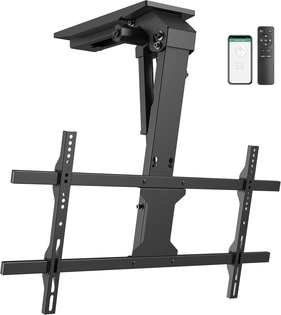 WALI Electric Ceiling TV Mount for 43 to 86 inch Screens, Flip Down Motorized TV Mount with Remote, Flat and Curved TVs Up to 99 Lbs, Pitched Roof, Max Mounting Holes 800x400mm (FCM604A), Black