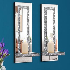 Crystal Crush Diamond Mirrored Candle Sconces, Silver Wall Candle Holder Set of 2, Wall Decorations for Living RoomDining Room (Rectangle Stripe (Style 4))
