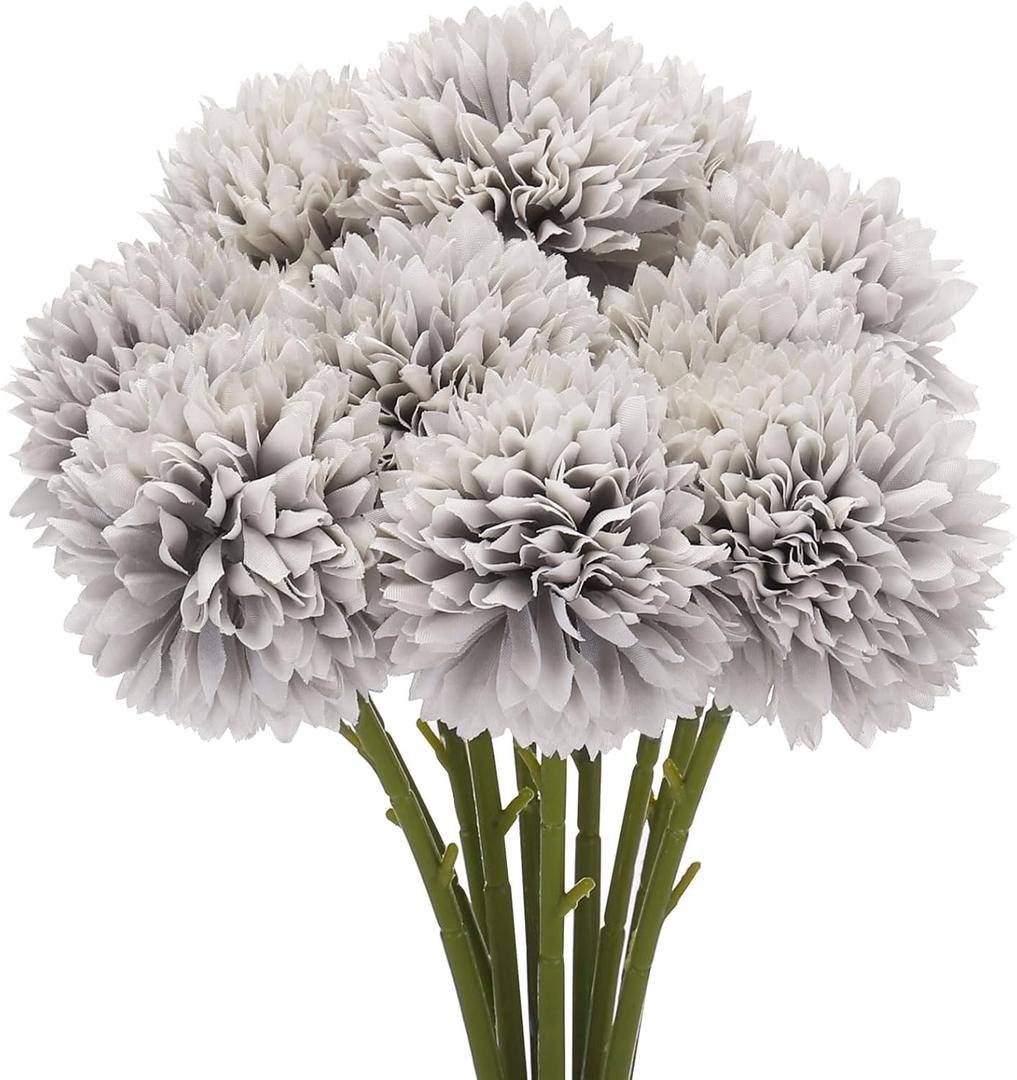 MECCANIXITY Artificial Flower Heads, Silk Chrysanthemum Ball Hydrangea Grey Faux Flowers for DIY Craft Wedding and Party Decoration Pack of 10