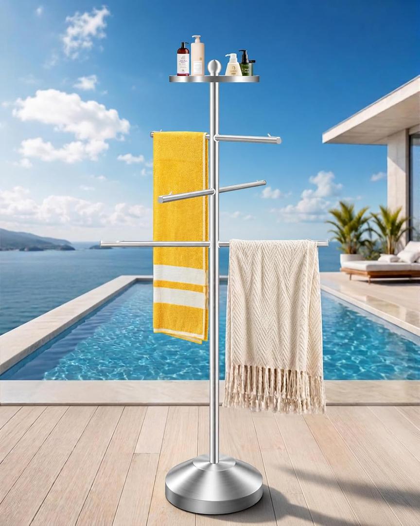 Aubliss Pool Towel Rack Outdoor, 54" Outdoor Towel Rack for Pool, Rustproof | 304 Stainless Steel with 3 Adjustable Arms & Weighted Base, Free Standing Rack for Bathroom, Poolside, Hot Tub, Patio