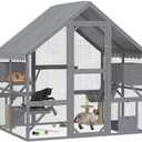 PawHut 73" L Large Catio Outdoor Cat Enclosure for Multiple Kittens Gray | 28 sq.ft Wooden Cat House, Waterproof Cover, Walk in Kitty Cage Kennel, 2 Condos, 4 Platforms, Backyard, Patio