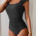 B2prity Womens One Piece Swimsuit Retro Square Neck Tummy Control Bathing Suits Ruched Modest Full Coverage Swimwear (Black, L)