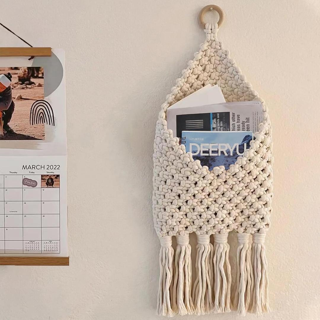 Macrame Mail Organizer Wall Mounted, Handmade Hanging Woven Basket for Boho Home Office Decor, Over the Door Key Letter Envelope File Holder for Entryway Hallway, White