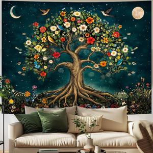 Amtoodopin Tree of Life Tapestry Mystic Boho Flowers Tapestry Vintage Aesthetic Tree Wall Tapestries Retro Nature Floral Plants Tapestries Wall Hanging for Bedroom