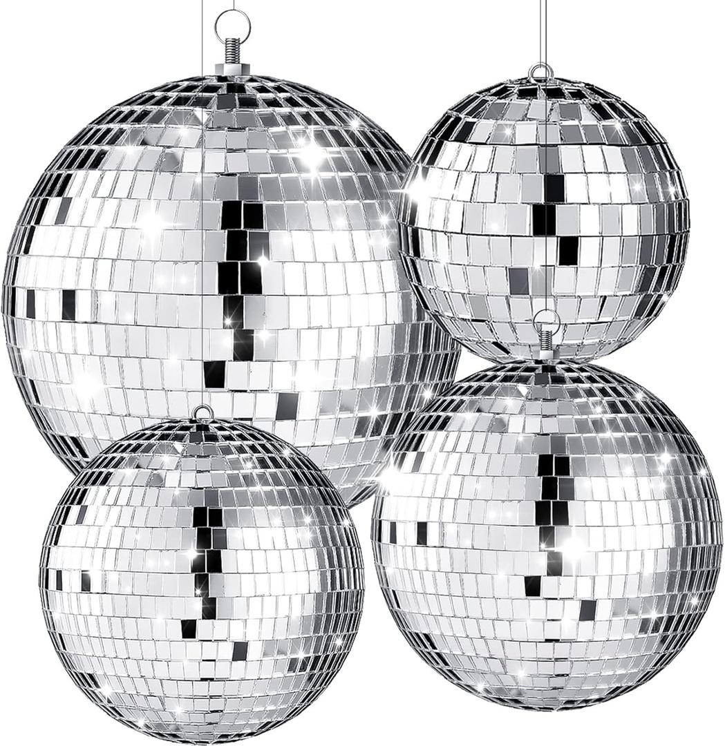 4 Pack Large Disco Ball Silver Hanging Disco Balls Reflective Mirror Ball Ornament for Party Holiday Wedding Dance and Music Festivals Decor Club Stage Props (12 Inch, 8 Inch, 6 Inch, 4 Inch)