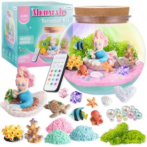 JOYEEMAX Mermaid Light-Up Terrarium Kit for Kids - LED Night Light Birthday Gift for Girls Ages 4 5 6 7 8-12 Year Old - Mermaid Toys for Girls - DIY Arts and Crafts Kit for Kids