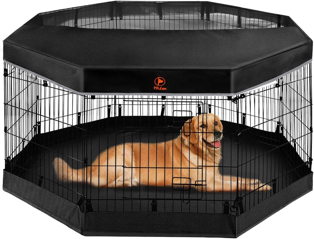 PJYuCien Dog Playpen - Metal Foldable Dog Exercise Pen, Pet Fence Puppy Crate Kennel Indoor Outdoor with 8 Panels 30H & Top Cover and Bottom Pad for Small Medium Pets