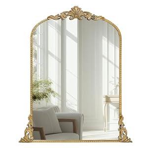 Growsun Vintage Gold Arched Mirror, 24''x36'' Antique Baroque Wall Mirror Decor, Traditional Ornate Mirror with Full Metal Frame for Fireplace/ Entryway/ Living Room/ Bathroom