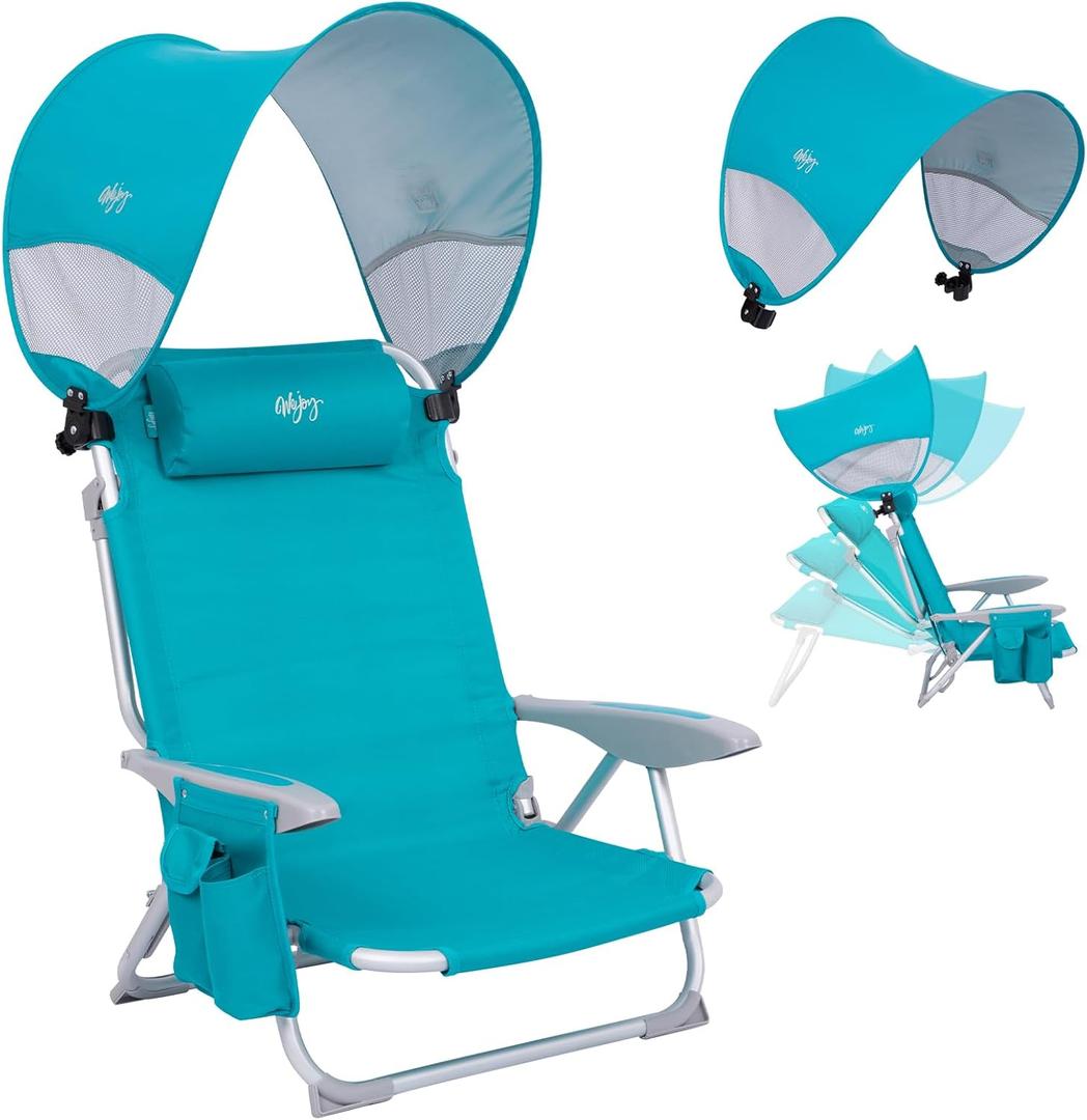 #WEJOY Beach Chair with Canopy Shade, Reclining Adjustable 4 Position, Lay Flat Lightweight Folding Portable Aluminum Chair with Backpack Straps,Padded headrest, Heavy Duty 400lbs Lawn Chair for Beach