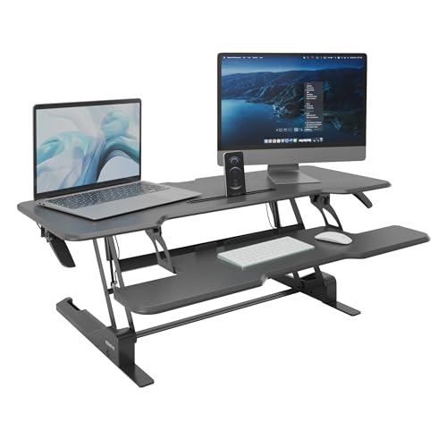 Mount-It! Height Adjustable Standing Desk Converter, Large 47” Wide Tabletop Standing Desk Riser with Gas Spring, Desktop Stand Up Desk with Keyboard Tray Fits 2 Monitors or Monitor and Laptop, Black