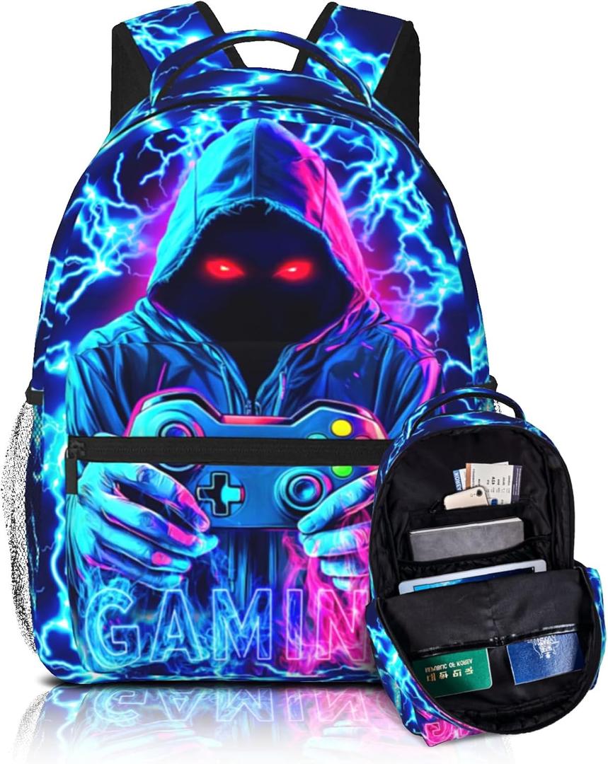 Blue Lightning Gamers Backpack For School Boys Girls Game Player Lightweight Waterproof Bags Backpack For School Travel Hiking Gamers Backpacks For Boys Age 6-88-108-1210-12 Years Old (One Size)