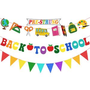 3 x Pre-Strung Back to School Banner Decorations, Welcome Back to School Sign | First Day of School Garland Decorations, No Glitter Mess, No Tangled, 350G Cardstock, 9.8FT/3M String, Ideal for Home Office