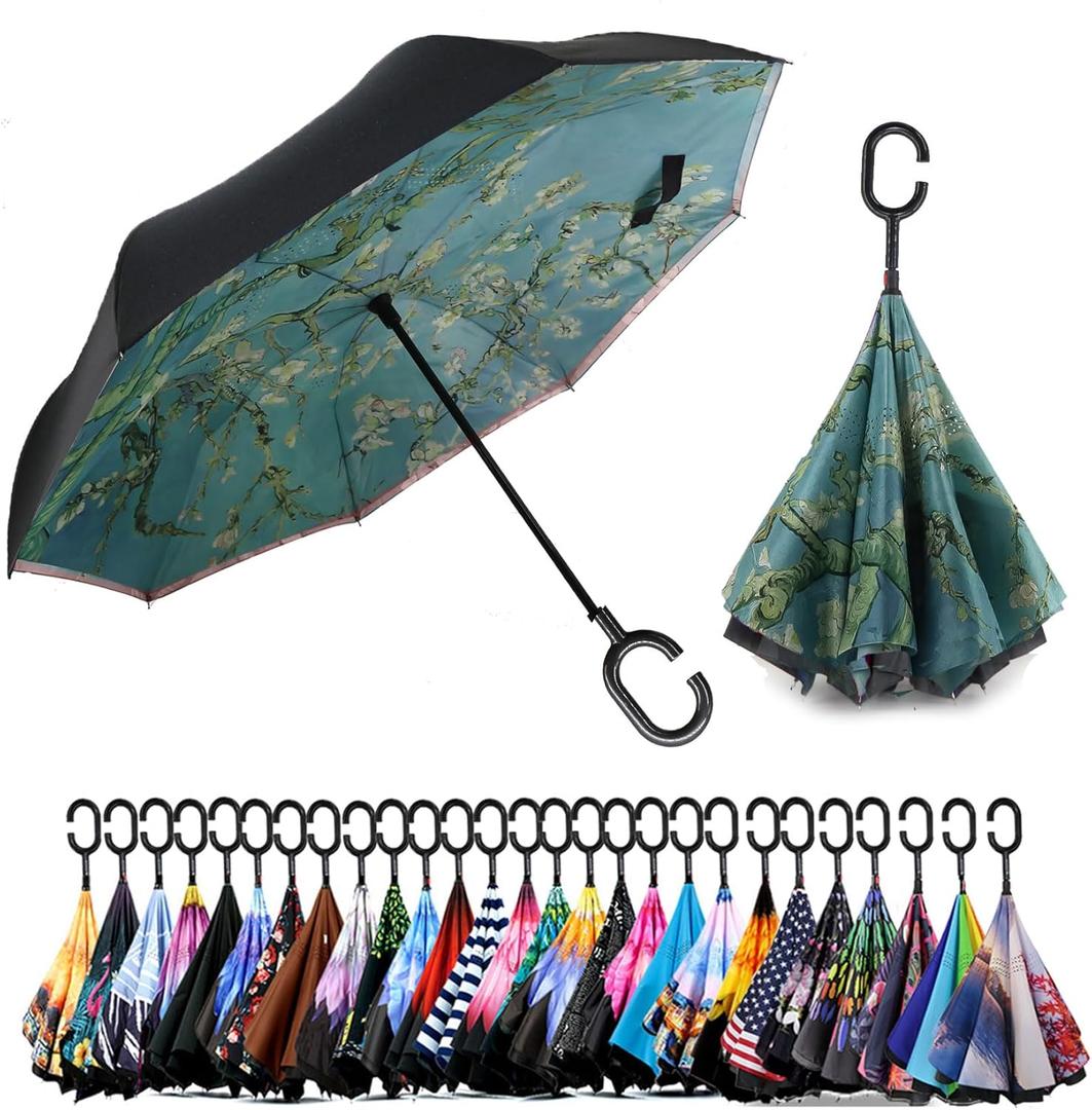 SIEPASA 49/56 Inch Inverted Reverse Upside Down Umbrella, Extra Large Double Canopy Vented Windproof Waterproof Stick Golf Umbrellas with C-shape Handle.