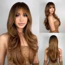 N NAYASA Light Brown Wigs for Women Brown Wig with Bangs 24Ombre Brown Wig with Dark Roots Long Layered Wig Heat Resistant Synthetic Wig Natural Looking Wigs for Daily Party Use