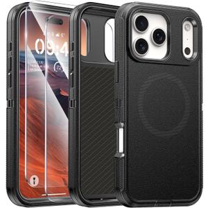 TUTUKII Compatible with iPhone 17 Pro Max Case with Screen Protector, Shockproof, Compatible with MagSafe, 3-Layer Drop Protection, Heavy Duty Magnetic Phone Case Cover, 6.9", Black/Black