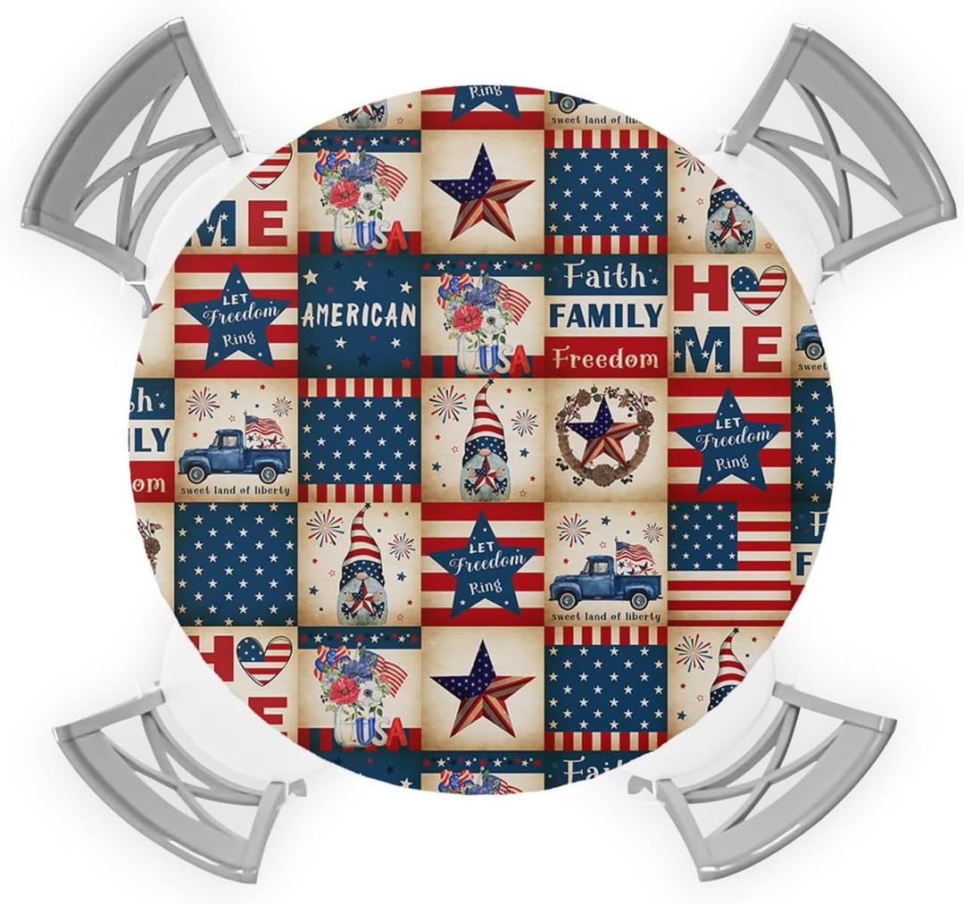 Chucoco Independence Day Plaid Round Fitted Table Cover for Dining Tables,Elastic Edged Tablecloth USA Patriotic Star Waterproof Tables Cover Cloths for Kitchen Dinner,Party,Events,Wedding Khaki (Dark Blue)