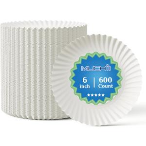 MUCHII 600 Count 6 Inch Paper Plates, White Uncoated Disposable Dessert Plates for Snacks, Cake, Candy