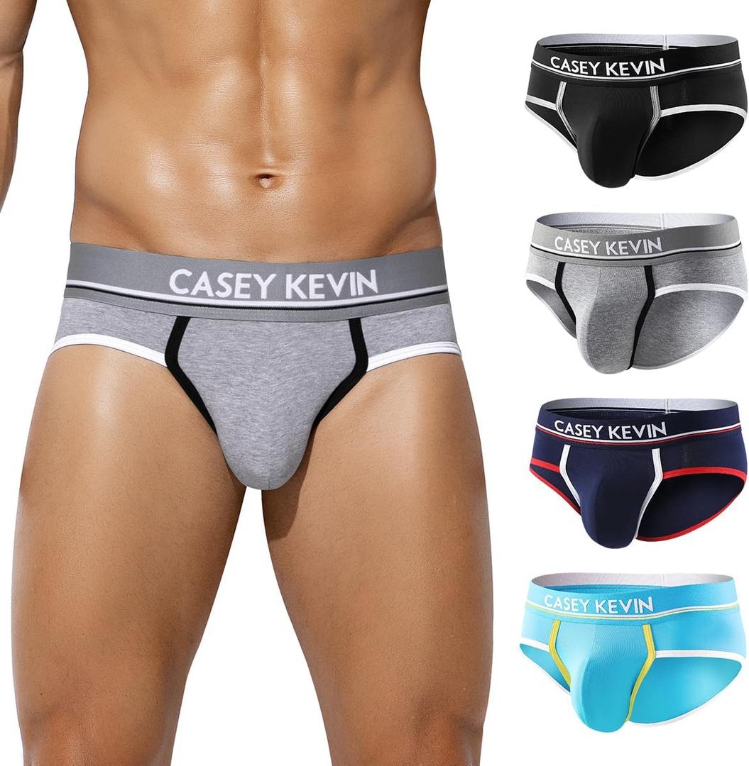 Casey Kevin Men's Cotton Briefs Wide Waistband No Fly Underwear Briefs for Men 4 Pack (S)