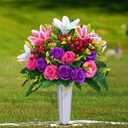 Dolicer 2 Sets Artificial Cemetery Flowers for Grave, Realistic Grave Flowers Memorial Flower UV Resistant Silk Rose Lily Flower with Vase for Cemetery Decorations (Colorful)