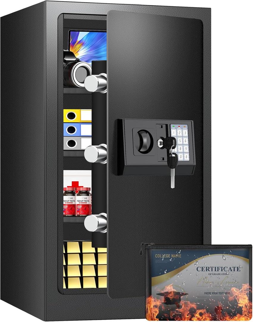 [27.56''] Tall Safe Box, Home Safe with Fireproof Waterproof Bag, 6.2 Cuft Anti-Theft Digital Security Lock Box with Smart Alert System, Removable Shelf, Mute Function, Document Safes for Jewelry