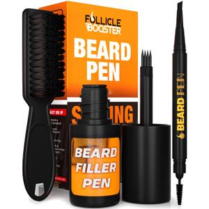 FOLLICLE BOOSTER Beard Pen Filler Styling Kit for Men - 3-in-1 Filling Set with 4-Tip Fork, Normal Pencil, and Brush - Waterproof, Sweatproof & All-Day Hold - Medium Brown