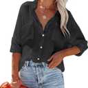 Womens Button Down Shirts Cotton Roll-up Long Sleeve Blouses Top with Pockets V Neck Casual Solid Tunics (Small)
