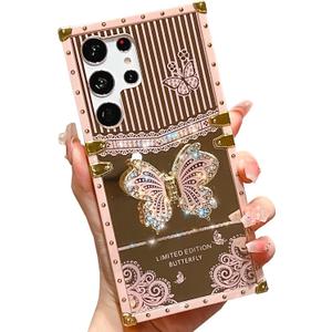 Cute Compatible with Samsung Galaxy S23 Ultra Case with Luxury Bling Glitter Butterfly Foldable Stand Kickstand,Glitter Soft Mirror Slip-Resistant Bumper Protective Cover for Women & Girls(Pink)
