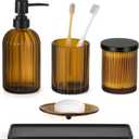 Shinowa Glass Bathroom Accessories Set, 5 Piece Luxury Bathroom Set with Soap Dispenser, Toothbrush Holder, Qtip Holder with Lid, Soap Dish & Tray, Modern Vanity Countertop Organizer, Brown + Black