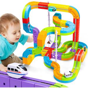 KlickRail Electric Train Set Flexible Race Track for Kids 4 6 7 8, 88 Pcs Car Track for Toddlers 3-5, Building Toy Train Track Gravity-Defying 3D Embedded Layouts & Motorized Car, STEM Learning Gift