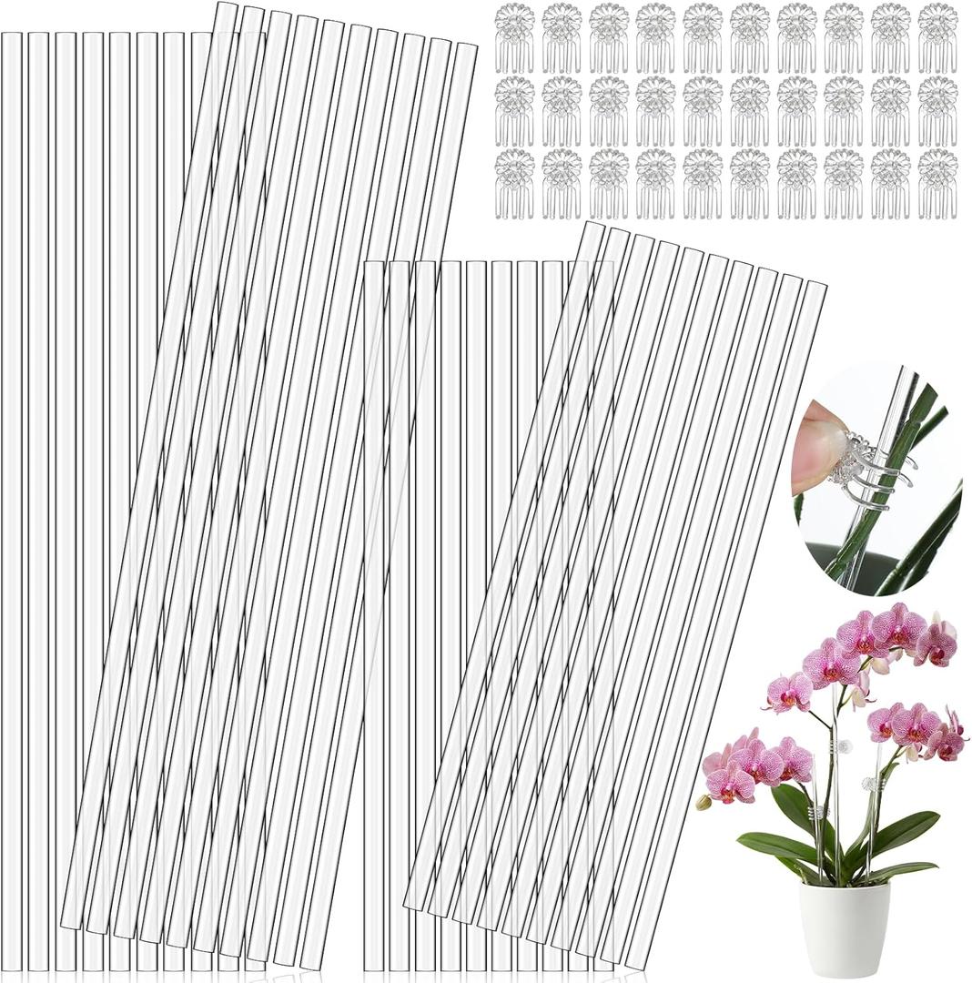 50 Pcs Acrylic Plant Stakes, 11 & 16 Inch Acrylic Plant Stakes with 60 Clips Clear Plants Support Stakes Kit Reusable Garden Orchid Stake for Indoor and Outdoor Potted Plants Vegetables Flowers