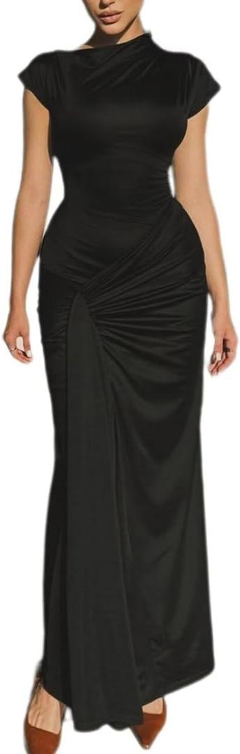 Mojessy Women Bodycon Maxi Dress Sexy Mock Neck Lace Up Bandage Ruched Short Sleeve Long Dress Cocktail Dress (Small, Black)