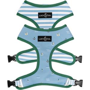 Lucy & Co. Set Sail Reversible Harness, Walking Halter - Best Designer Pet Harnesses for Medium Dogs - Padded Adjustable Vest for Easy Walking, Medium, Blue & White Stripes & Sailboats (The Set Sail Reversible Harness)