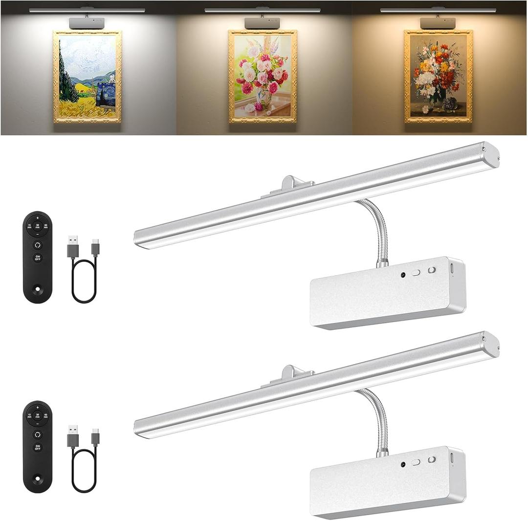 Picture Light, 15.35inch Wireless Picture Lights for Wall Rechargeable, Battery Lights for Pictures on Wall, 3 Color Art Lighting for Paintings with Timer and Dimmable Artwork Display (Silver-2PCS)