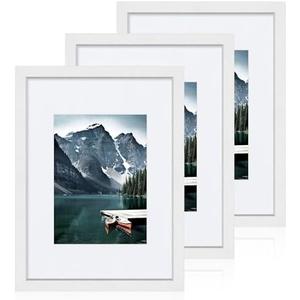 Hongkee 9x12 White Picture Frames set of 3, Made of Wooden and Glass Photo frame - Displays Picture 6x8 with Mat or 9 x 12 without Mat, Desktop & Wall Collage Frame set