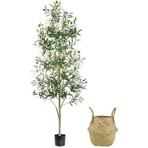 Faux Olive Tree 6FT, Artificial Potted Tree with Planter, Silk Plants Indoor Outdoor, Lifelike Olive Plants with Natural Wood Trunk, Fruits and Buds, Home Office Decor, 1 Pack