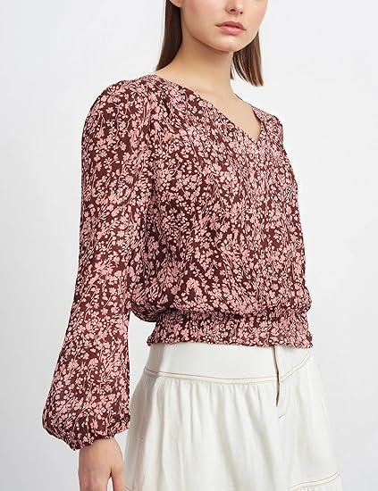 Women Long Sleeve Chiffon Blouse Elegant Floral Print Shirts V Neck Business Causual Tops Elastic Waist Outfits Size L