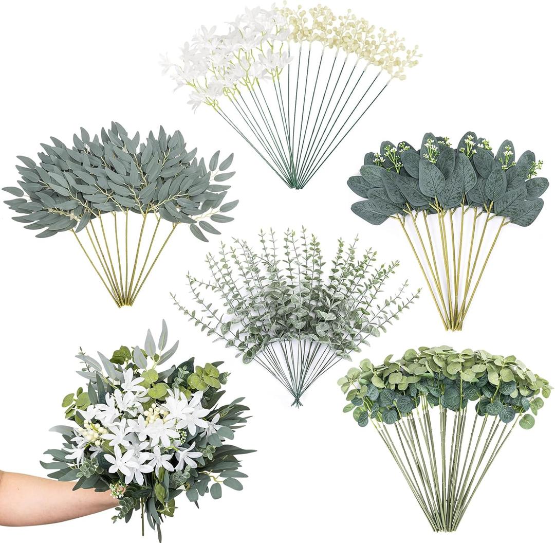 100Pcs 6 Kinds Mixed Artificial Eucalyptus Leaves Stems Bulk, Fake Silver Dollar Eucalyptus Leaves Bundle, Faux Plants Greenery for Wedding DIY Bouquet Floral Arrangement Party Decor Outdoor Indoor